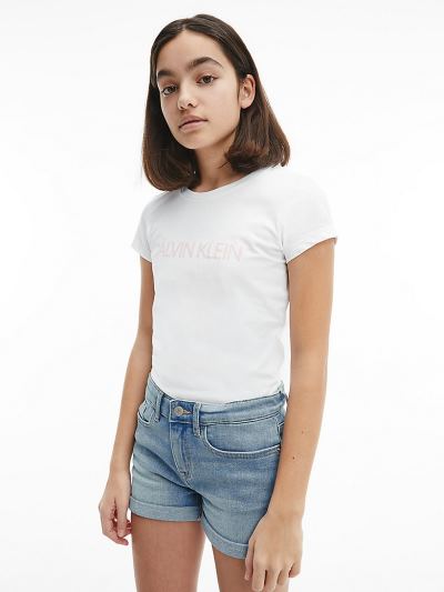Calvin Klein Ruhák HU363628 | Calvin Klein Slim Organic Cotton Logo Lány Póló Fehér / Rózsaszín